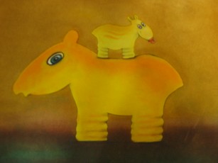 Tapir mit Baby mit Schnuller (50 x 70 cm) l / Misch / Papier